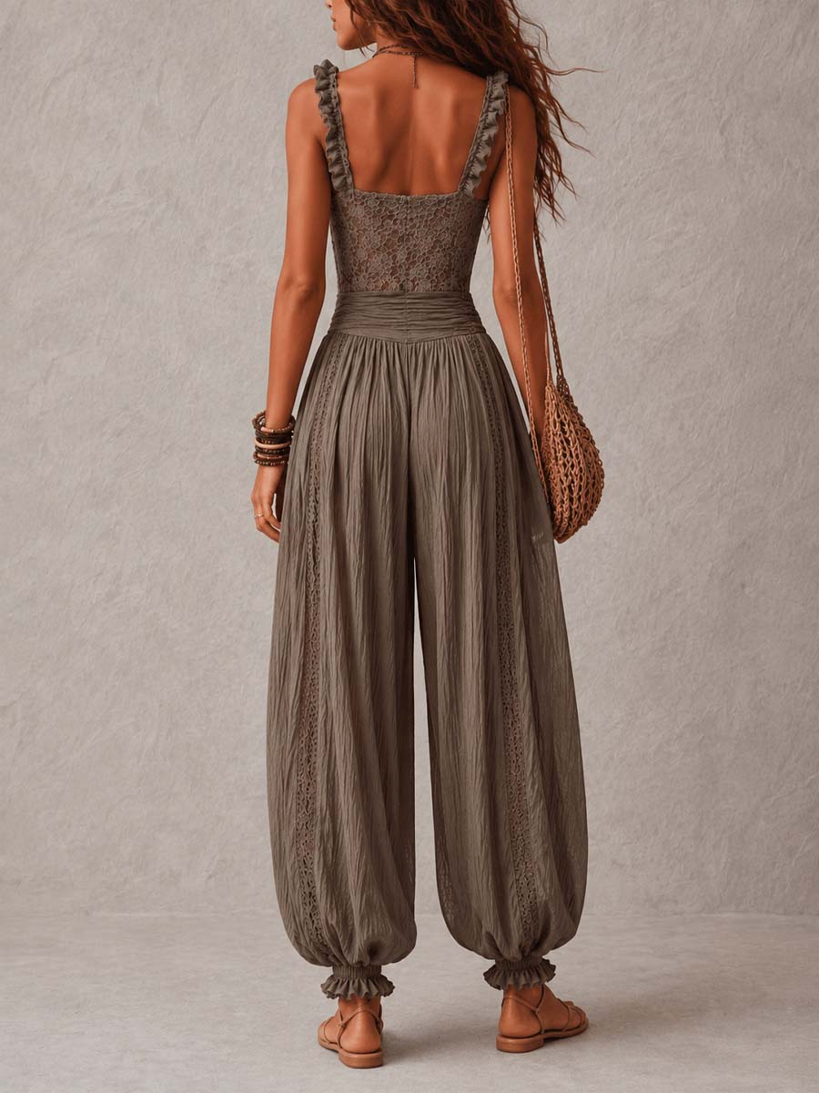Nieves | Conjunto con top de encaje gris y pantalón harem de algodón plisado