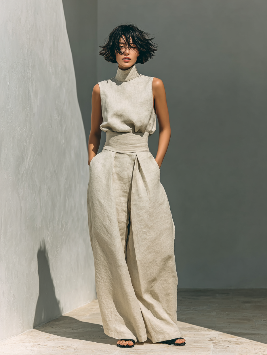 María | Conjunto minimalista de mujer en algodón y lino, con top y pantalón ancho