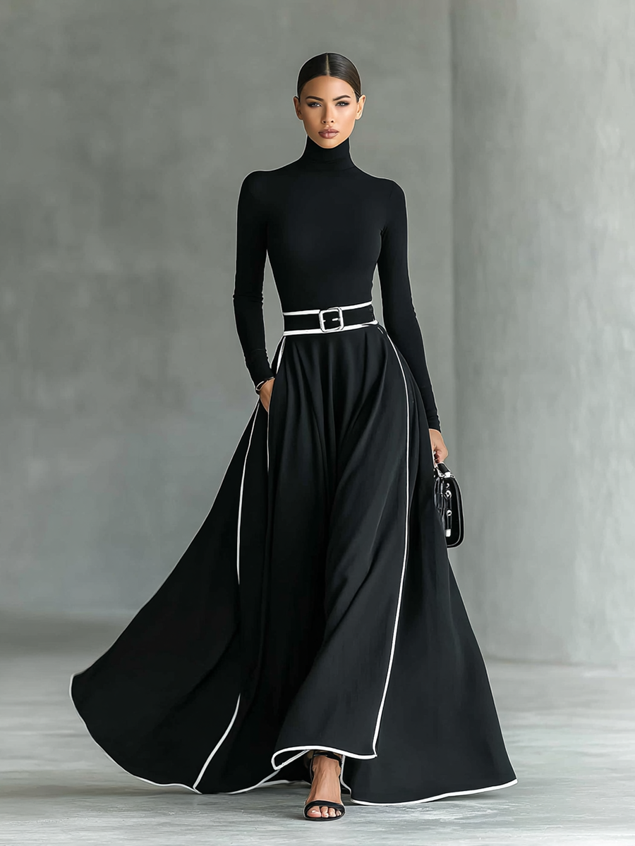 Vestido Maxi Negro con Costuras Blancas, Cuello Alto, Manga Larga y Cintura Entallada