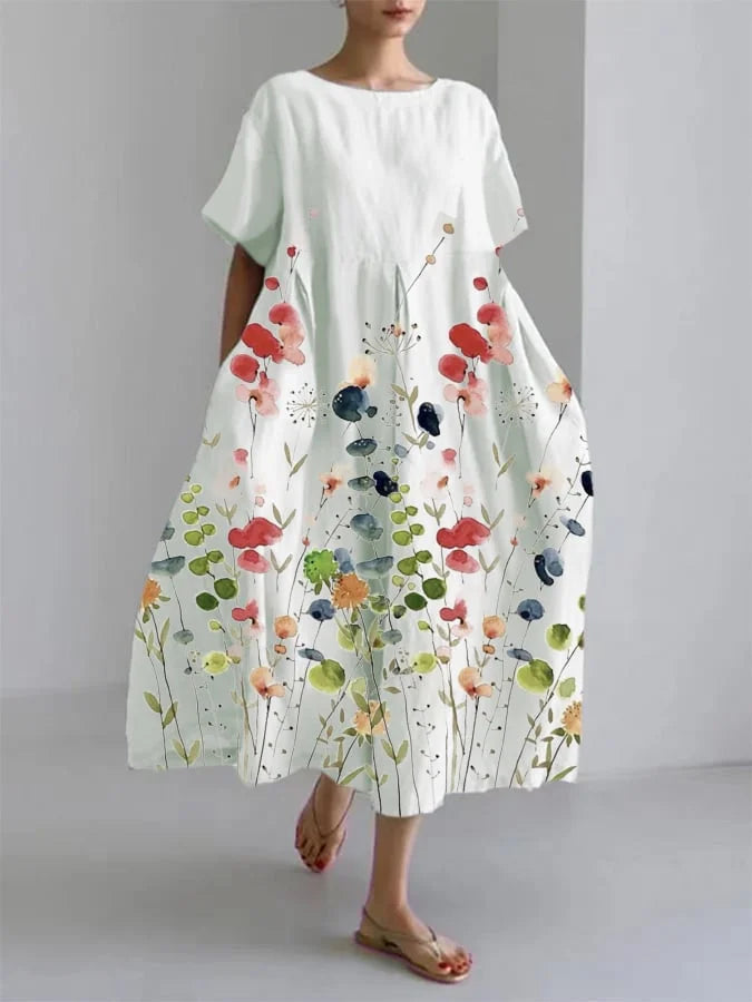 Vestido Floral de Verano Blanco Perla con Manga Abullonada