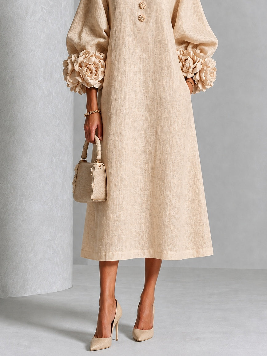 Vestido Midi Beige Floral con Botones y Mangas Florales Extravagantes