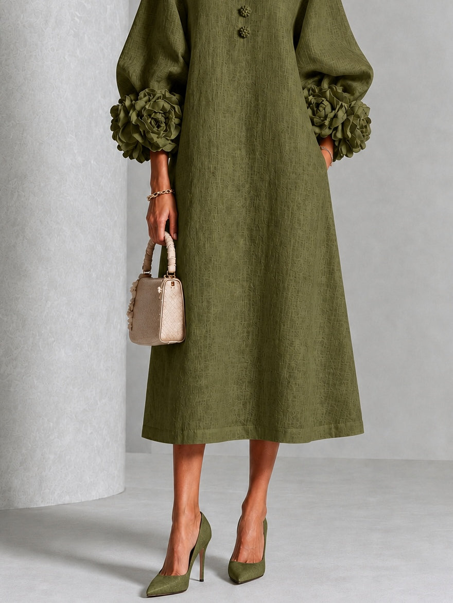 Vestido Midi Oliva con Botones de Flores y Mangas Florales Extravagantes