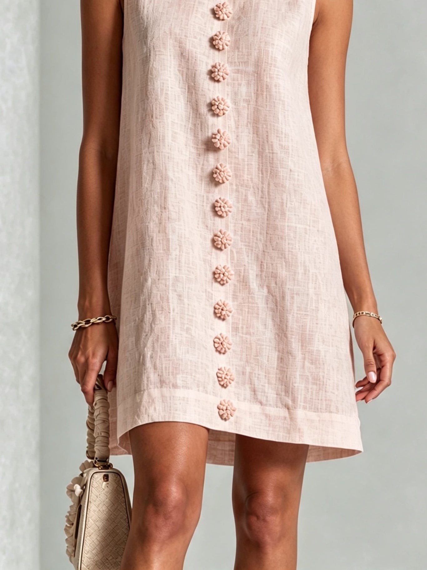Vestido Mini Sin Mangas con Botones y Estampado Floral Rosa