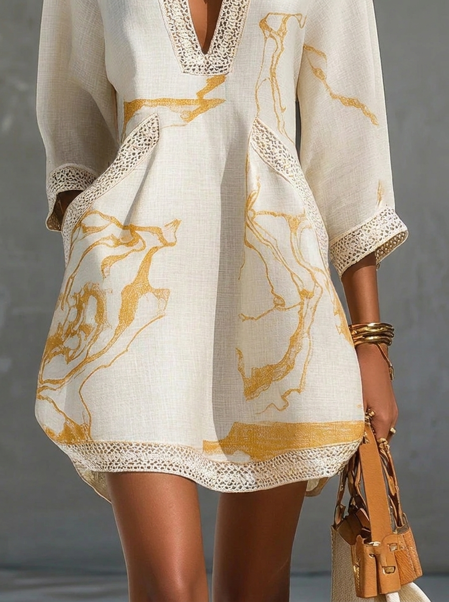 Donatella | Mini vestido blanco con estampado mármol dorado y encaje crochet