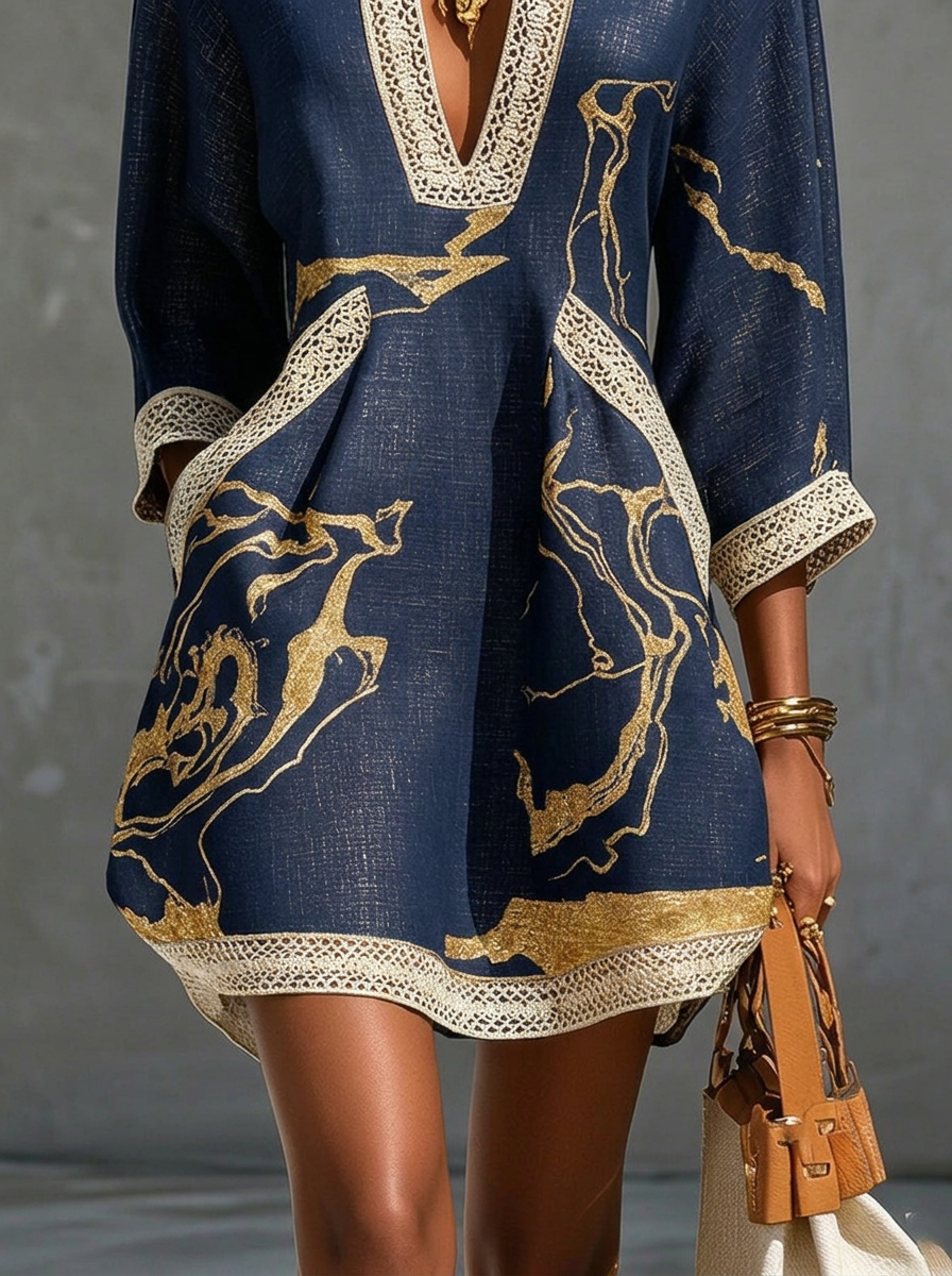 Donatella | Mini vestido azul con estampado mármol dorado y encaje crochet