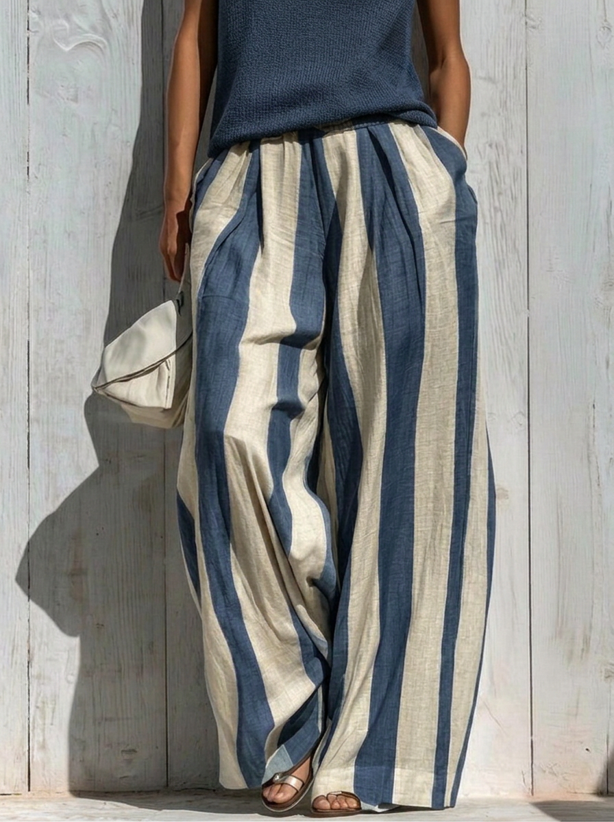 Conjunto Top Sin Mangas y Pantalón Ancho a Rayas