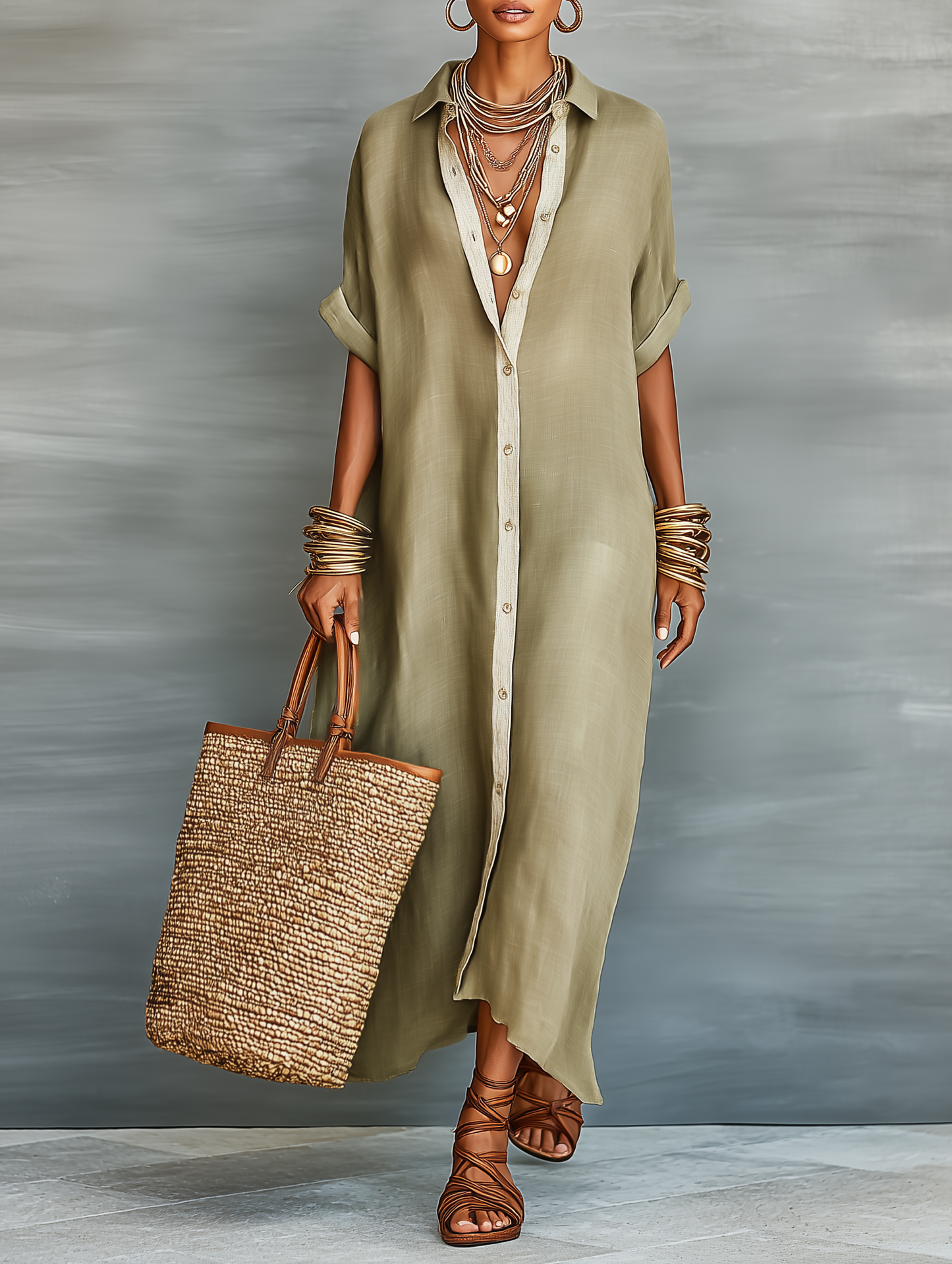 Vestido largo de mujer en mezcla de lino, estilo camisero, de manga corta y corte minimalista