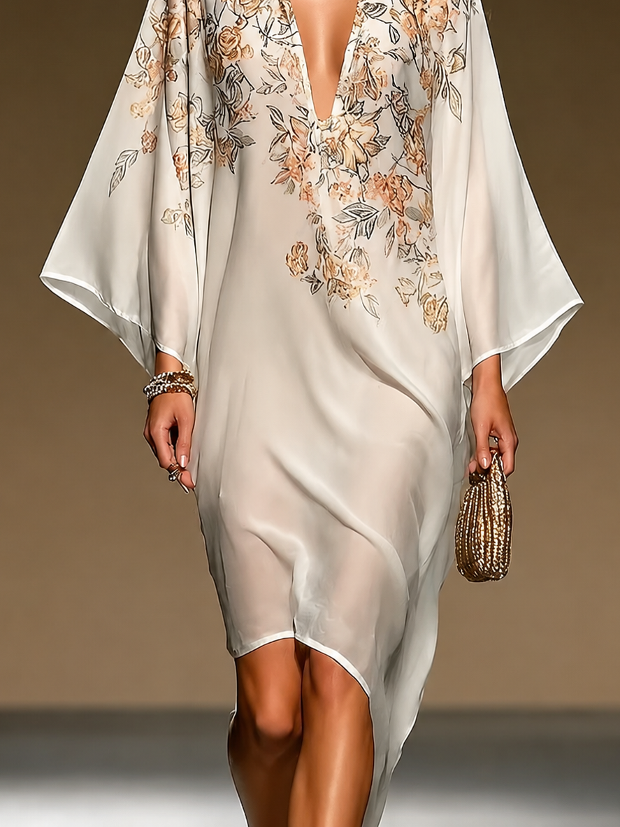 Vestido Caftán en Gasa Beige con Estampado Floral, Escote en V Profundo, Manga Murciélago, Bajo Asimétrico, Vestido Midi Fluido