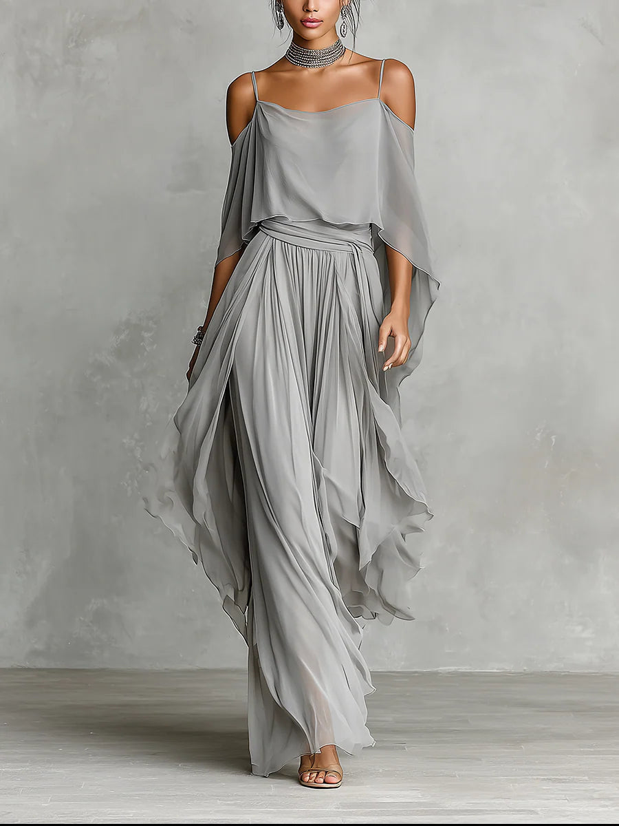Isabella | Conjunto de top fluido gris de hombros descubiertos y pantalón de gasa