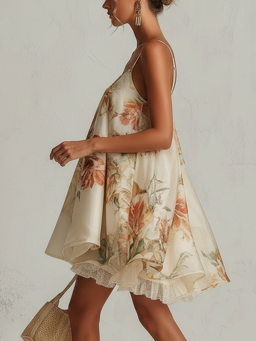 Liliana | Vestido corto en línea A, de organza beige con motivo floral y ribete de encaje