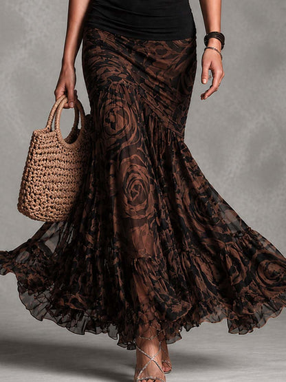 Conjunto de Top Negro Retro y Falda de Malla Estampada Marrón