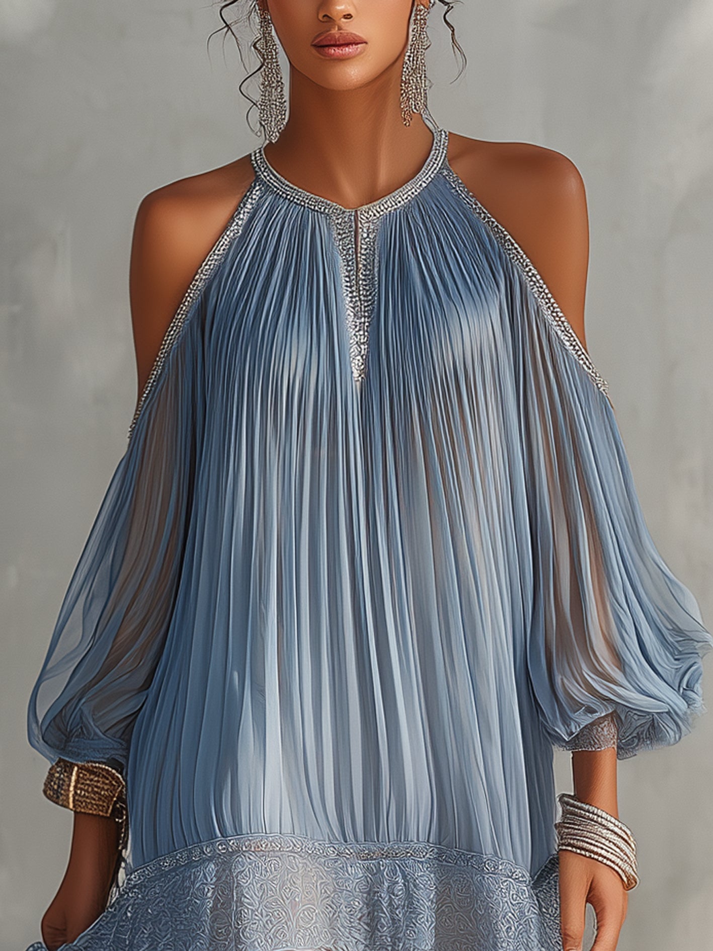 Celeste | Mini vestido azul de hombros descubiertos, fruncido y con bajo de encaje
