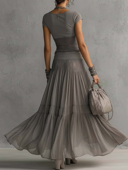 Conjunto Top de Encaje Transparente Gris y Falda Maxi Plisada