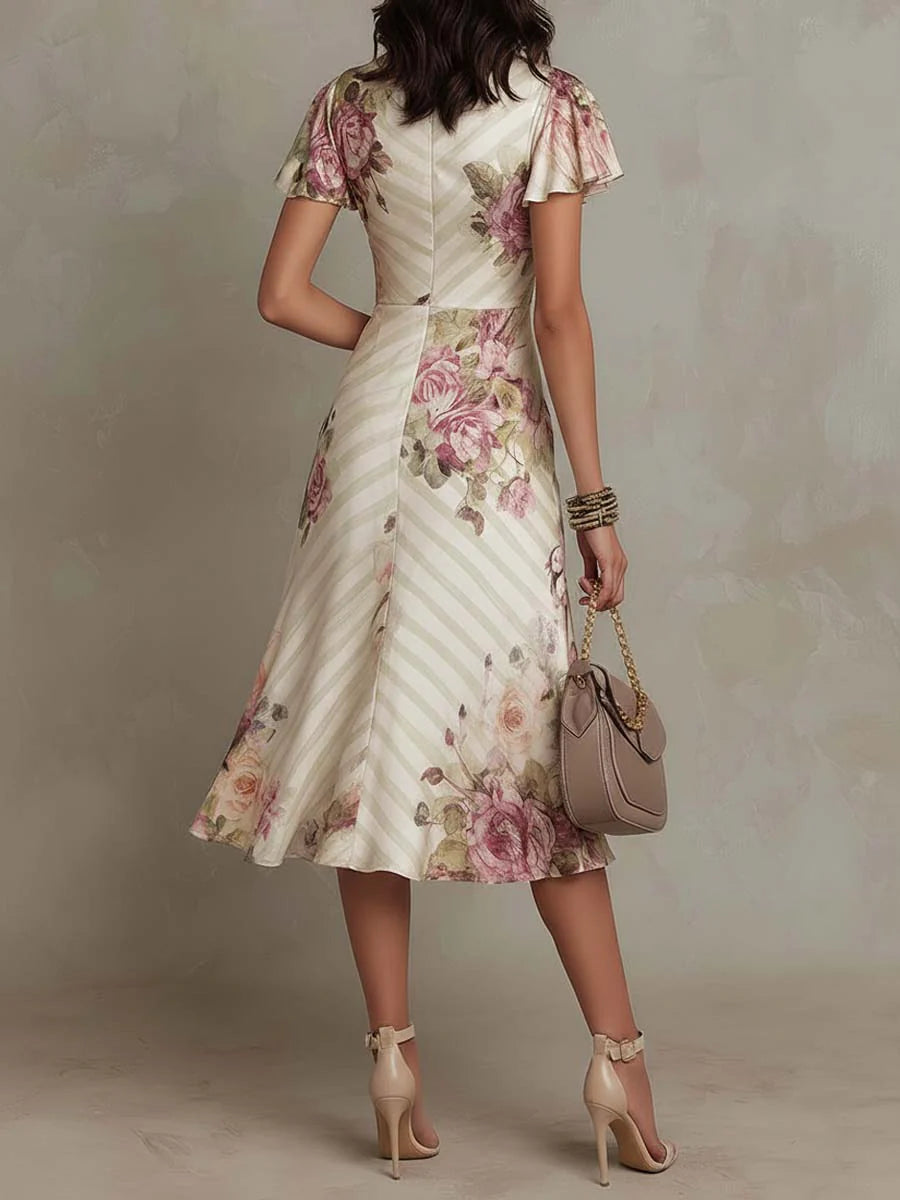 Alba | Vestido midi de satén floral elegante, estilo retro