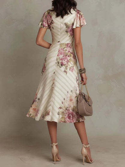 Alba | Vestido midi de satén floral elegante, estilo retro