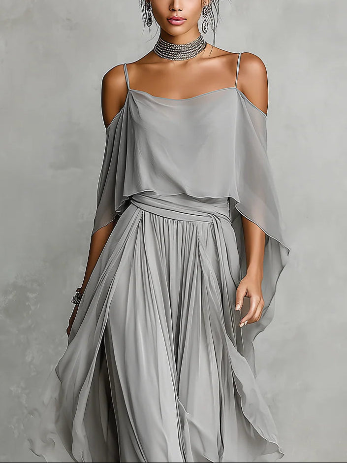 Isabella | Conjunto de top fluido gris de hombros descubiertos y pantalón de gasa