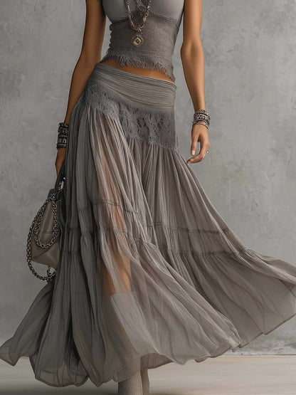 Conjunto Top de Encaje Transparente Gris y Falda Maxi Plisada