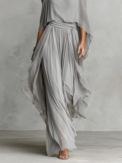 Isabella | Conjunto de top fluido gris de hombros descubiertos y pantalón de gasa