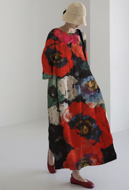 Vestido Floral de Verano Rojo Amapola con Manga Abullonada