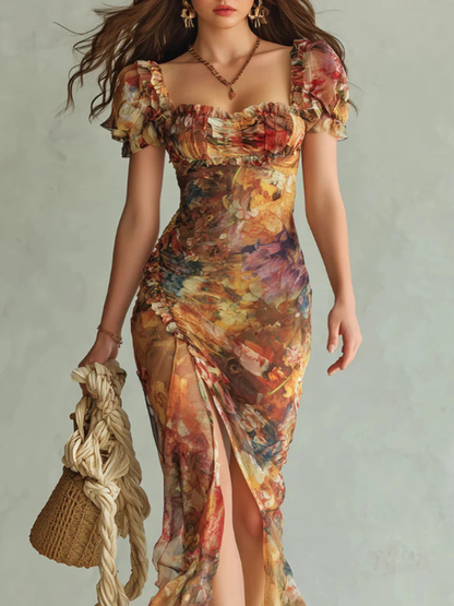 Vestido Maxi Elegante con Escote Cuadrado, Manga Corta y Rayas Florales