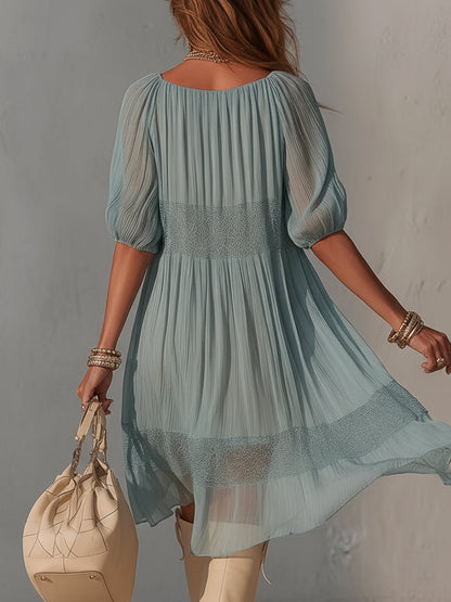 Lorena | Vestido midi azul de encaje plisado