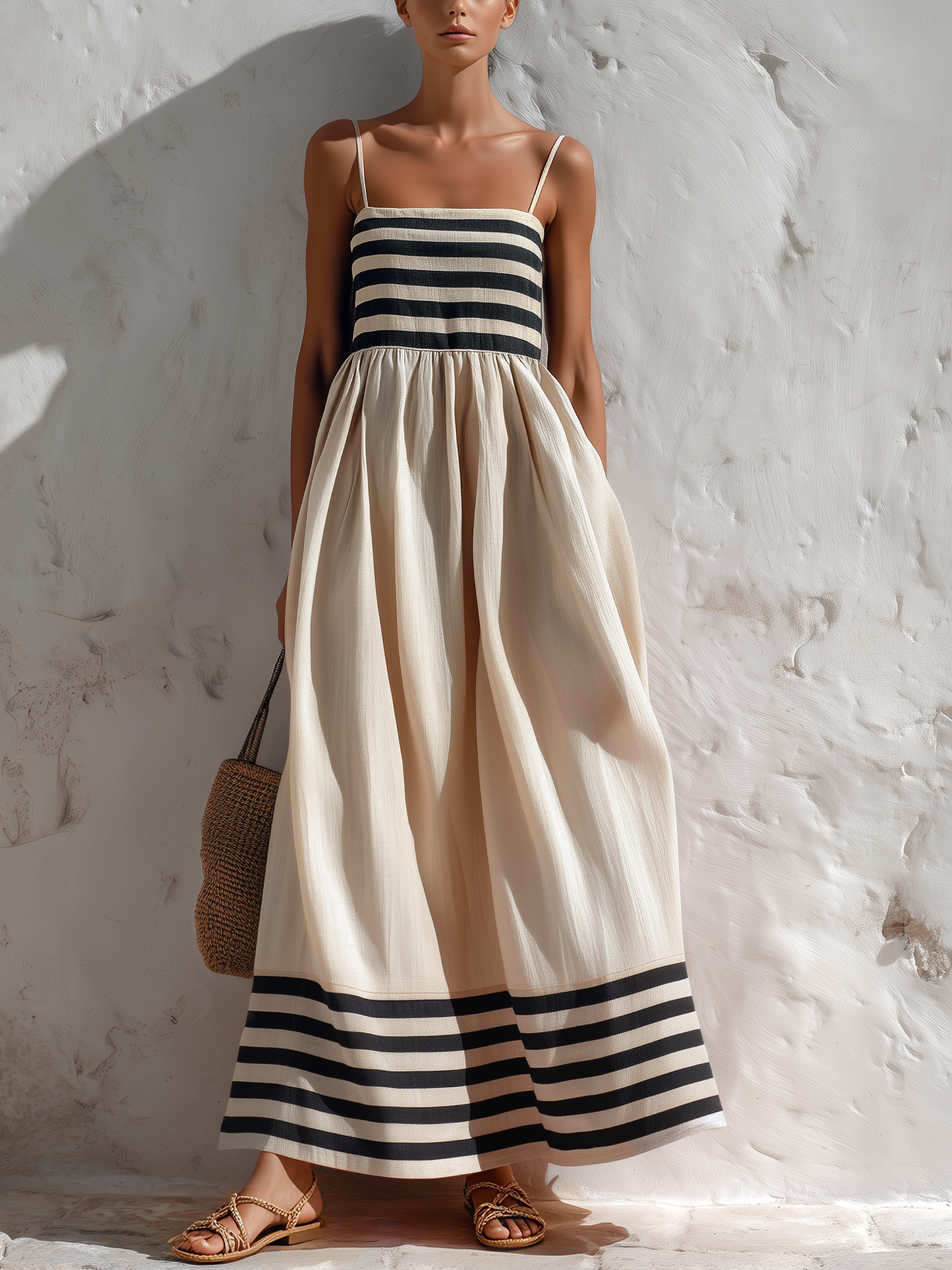 Ortensia | Vestido largo a rayas negras y beige con tirantes finos