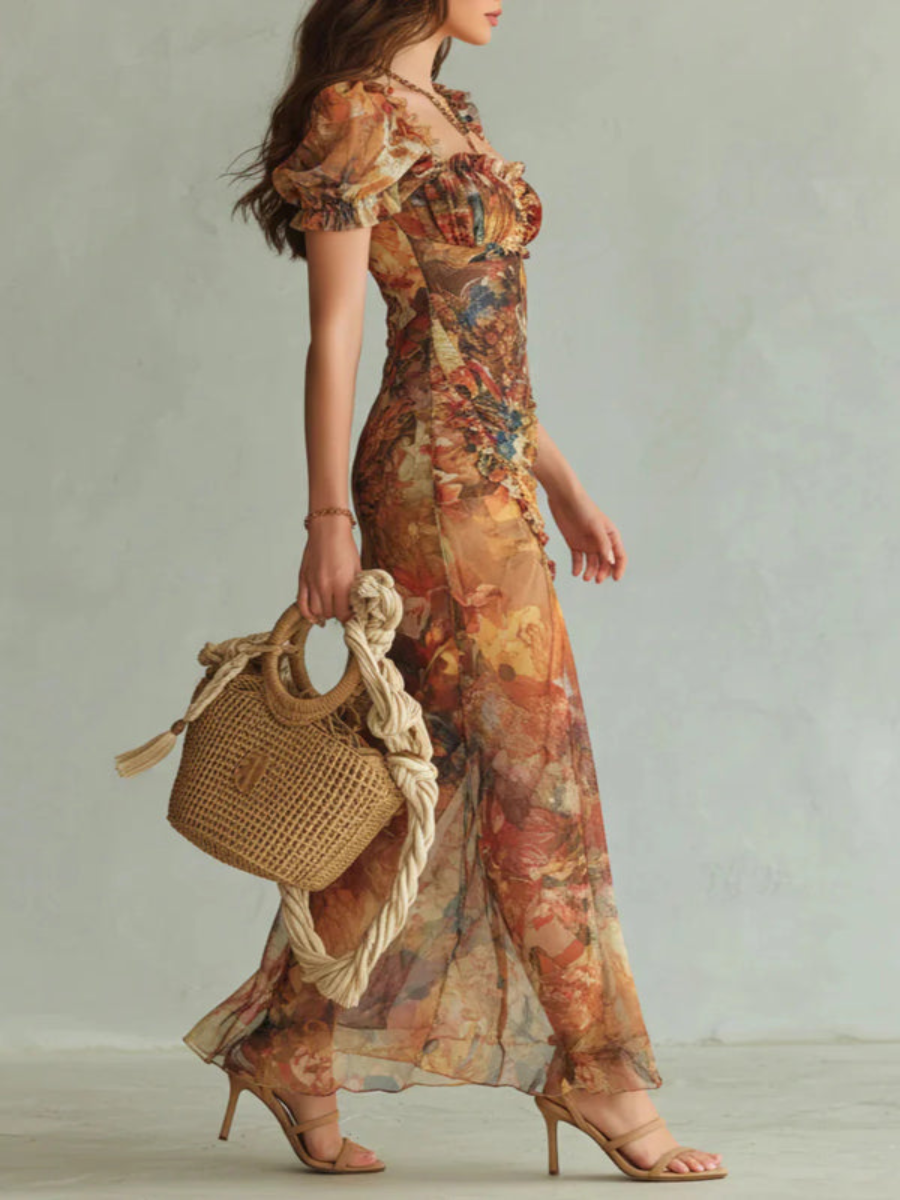 Vestido Maxi Elegante con Escote Cuadrado, Manga Corta y Rayas Florales