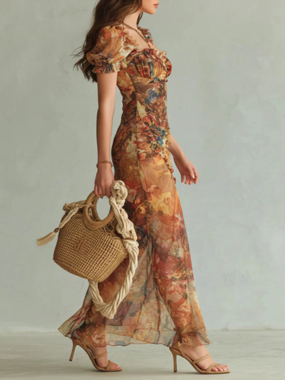 Vestido Maxi Elegante con Escote Cuadrado, Manga Corta y Rayas Florales