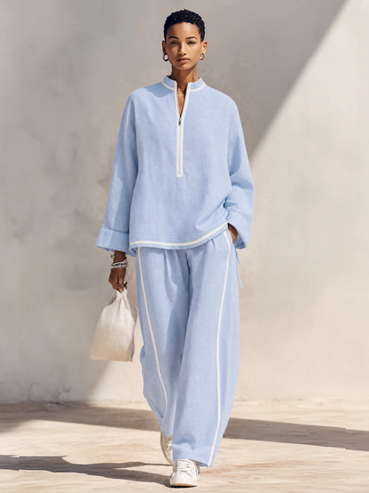 Conjunto de Mujer en Lino Azul Claro con Cuello Alto, Media Cremallera, Top Oversize y Pantalón de Pierna Ancha