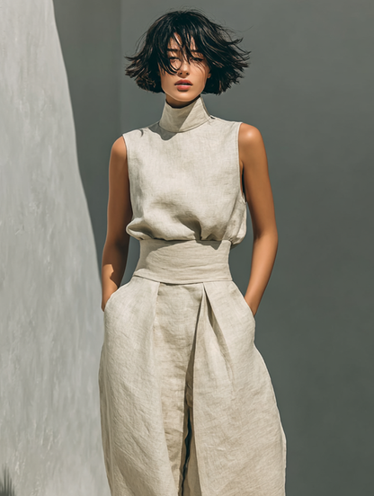 María | Conjunto minimalista de mujer en algodón y lino, con top y pantalón ancho
