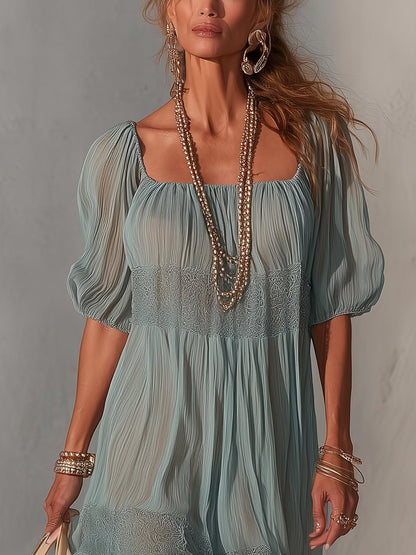 Lorena | Vestido midi azul de encaje plisado