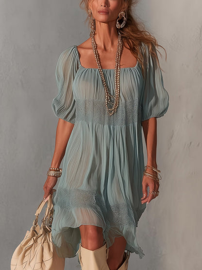 Lorena | Vestido midi azul de encaje plisado