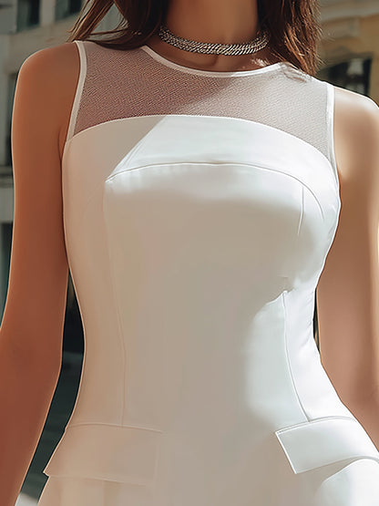 Federica | Vestido mini blanco sin mangas con cuello de malla