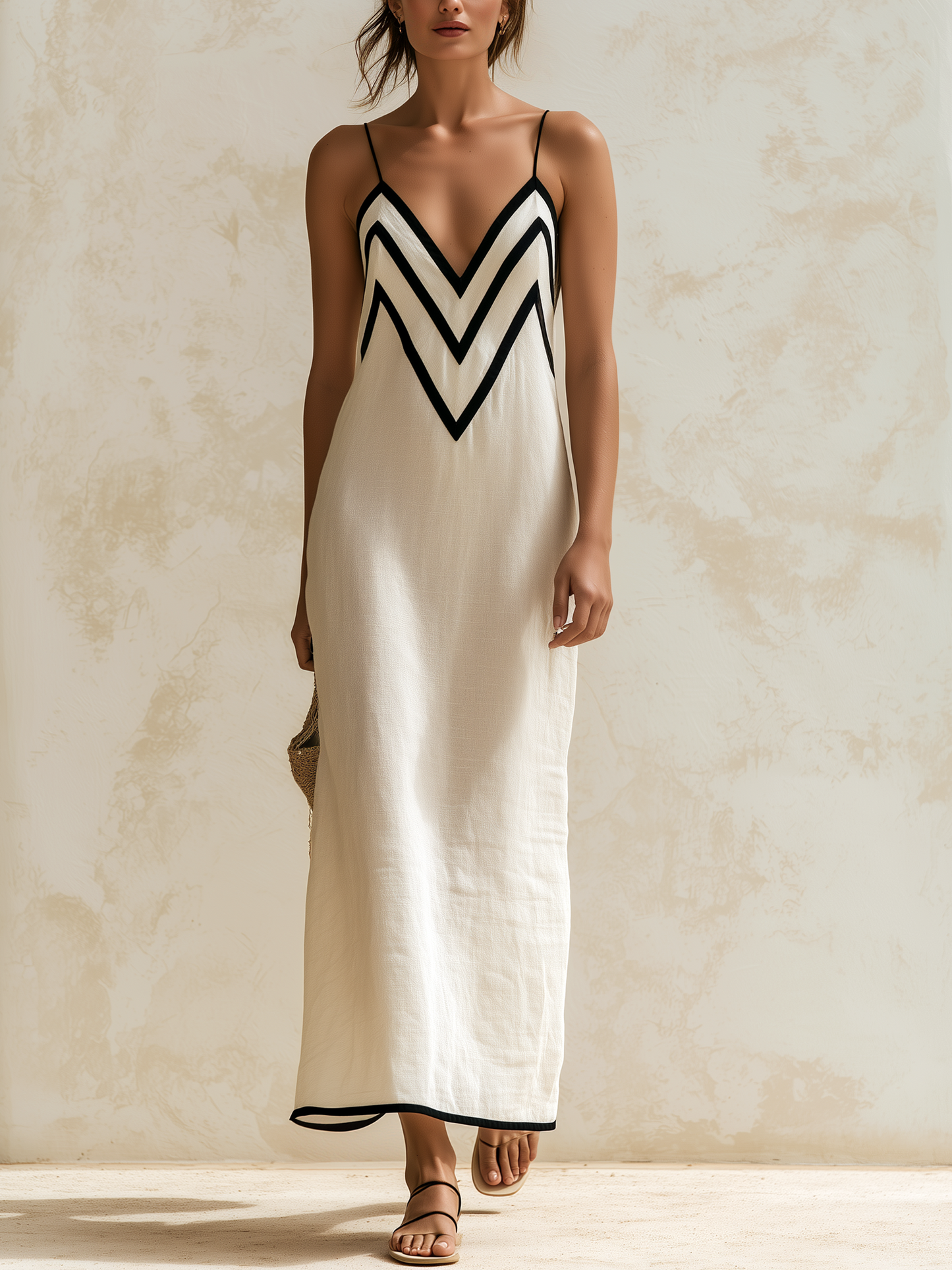 Simona | Vestido largo de lino estilo slip con ribetes en contraste de motivo chevron