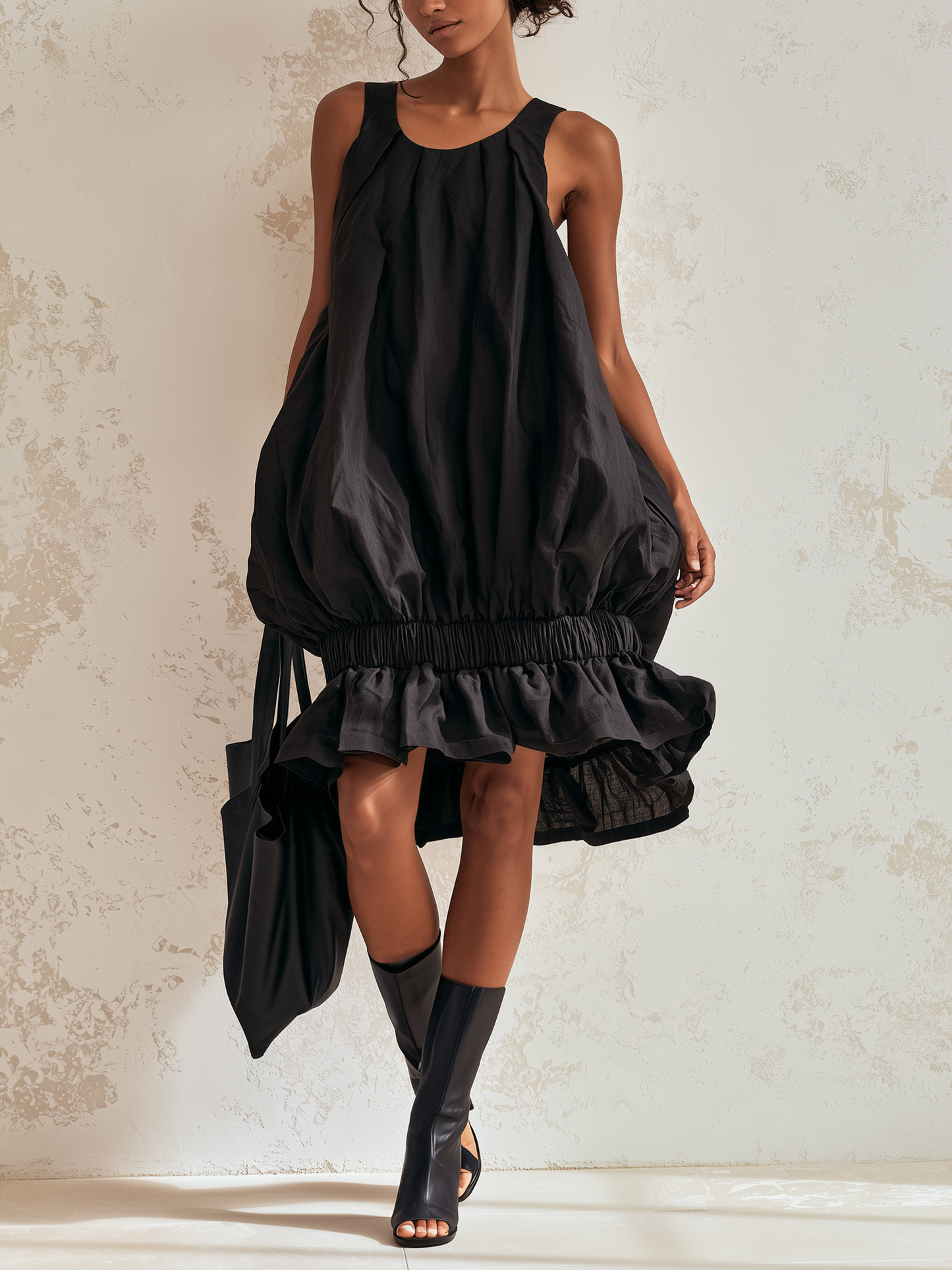 Giovanna | Vestido midi negro globo sin mangas con cintura elástica y bajo de volante