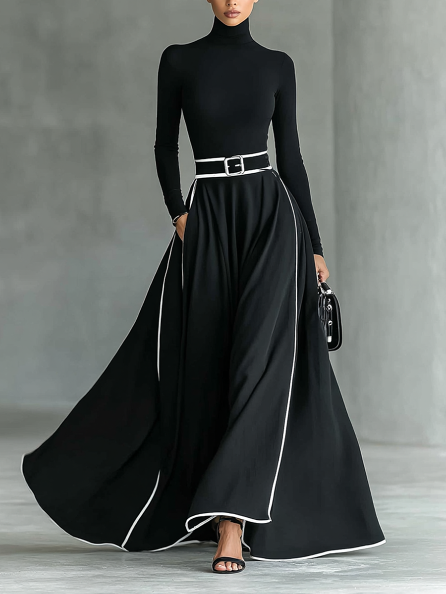 Vestido Maxi Negro con Costuras Blancas, Cuello Alto, Manga Larga y Cintura Entallada