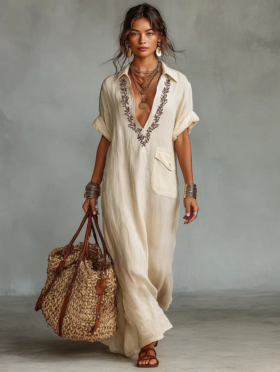 Ginevra | Vestido Camisero Maxi de Lino Bordado