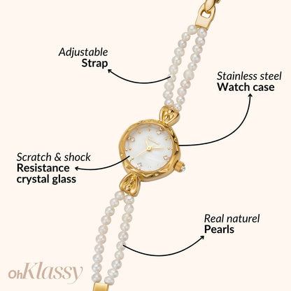 Noelle | Reloj con Pulsera de Perlas Naturales y Esfera Blanco Perlado