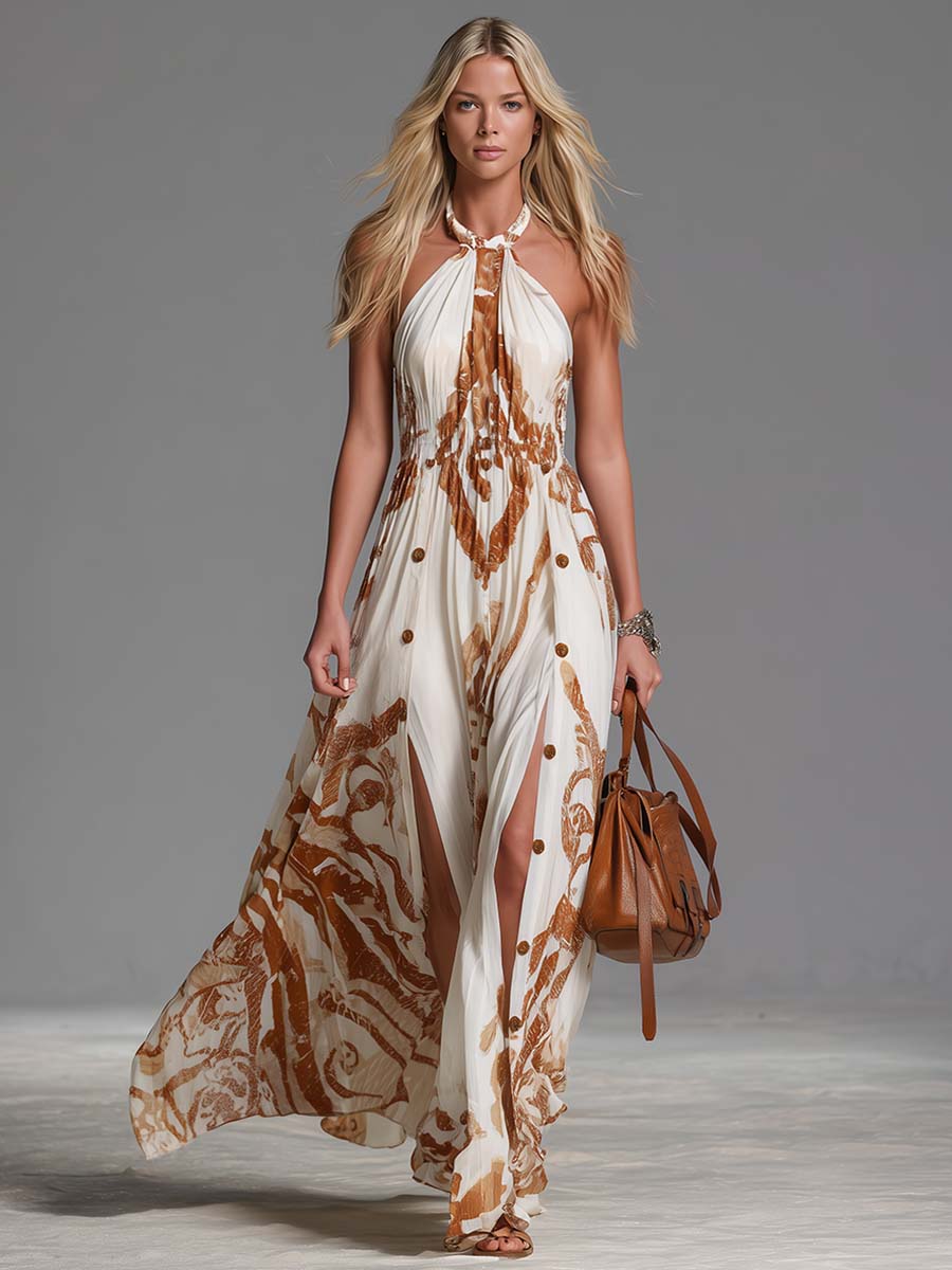 Beatrice | Vestido largo vintage bohemio con escote halter, estampado western marrón sobre gasa marfil, con aberturas
