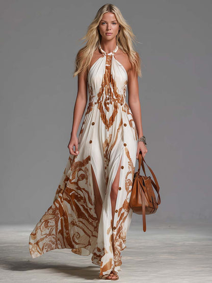 Beatrice | Vestido largo vintage bohemio con escote halter, estampado western marrón sobre gasa marfil, con aberturas