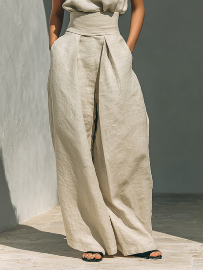 María | Conjunto minimalista de mujer en algodón y lino, con top y pantalón ancho