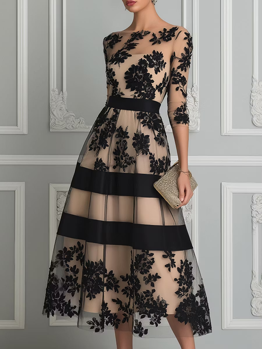 Vestido Midi Línea A Elegante en Encaje Negro