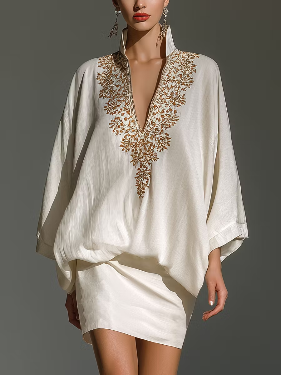 Conjunto de Minifalda Elegante con Escote en V, Blanco