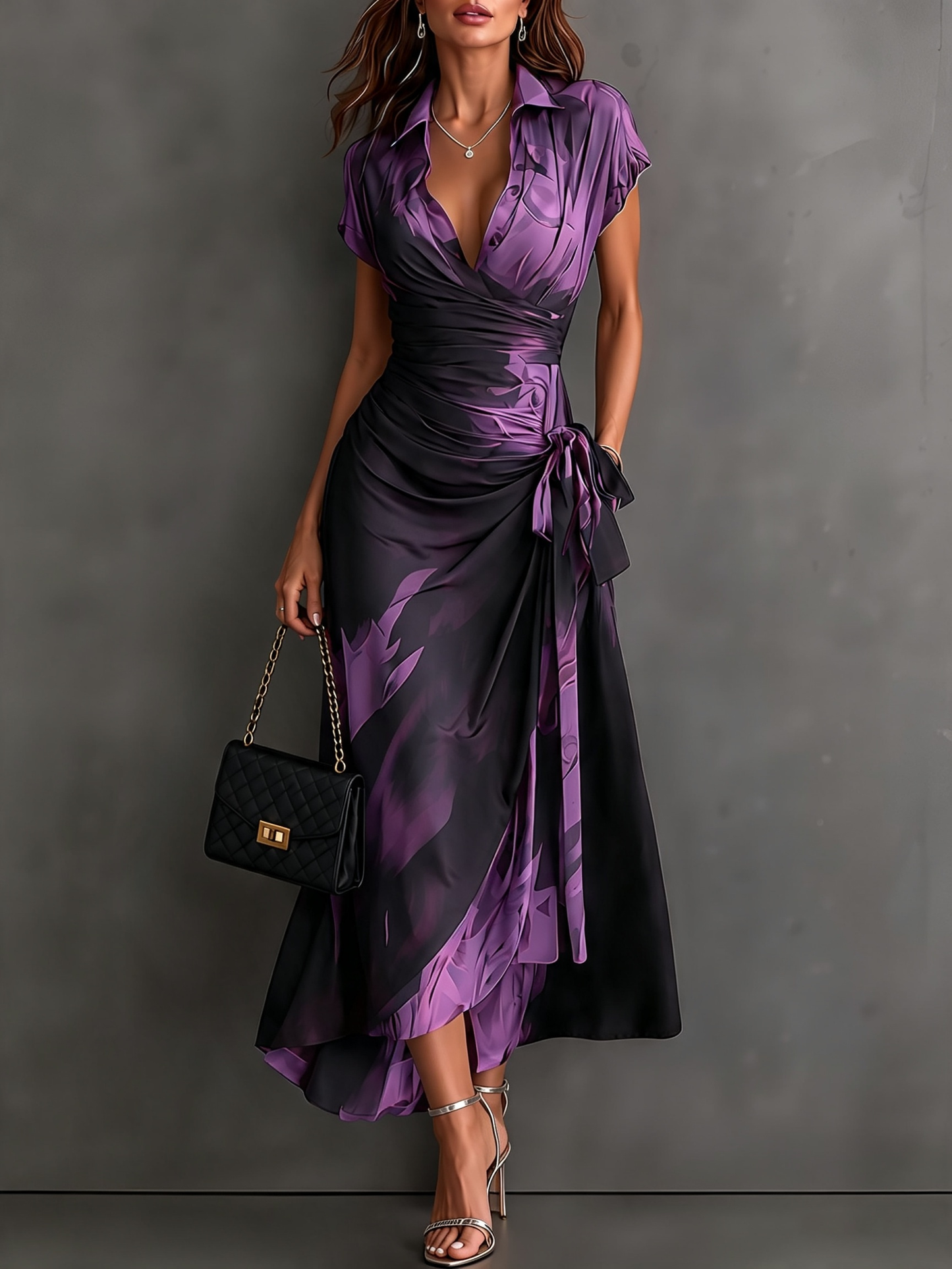 Vestido Midi Cruzado Abstracto Rojo y Negro con Cuello Camisero, Escote en V, Manga Corta, Cintura Anudada y Bajo Asimétrico con Volante
