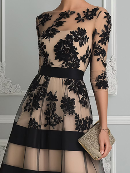 Vestido Midi Línea A Elegante en Encaje Negro