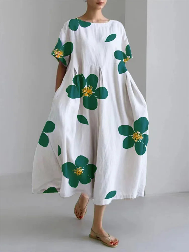 Vestido Floral de Verano Verde Oliva con Manga Abullonada