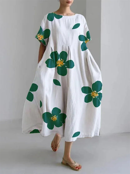 Vestido Floral de Verano Verde Oliva con Manga Abullonada