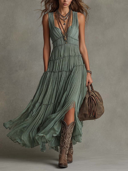 Rosalía | Vestido Maxi Plisado de Gasa Bohemio
