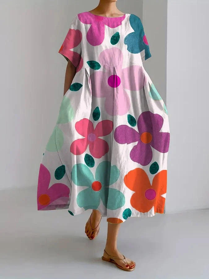 Vestido Floral de Verano Blanco Lino con Manga de Volante