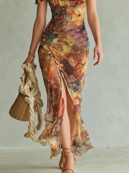 Vestido Maxi Elegante con Escote Cuadrado, Manga Corta y Rayas Florales